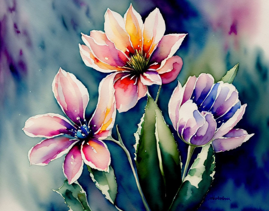 Colorful Watercolor Painting of Three Blossoming Flowers on Gradient Background