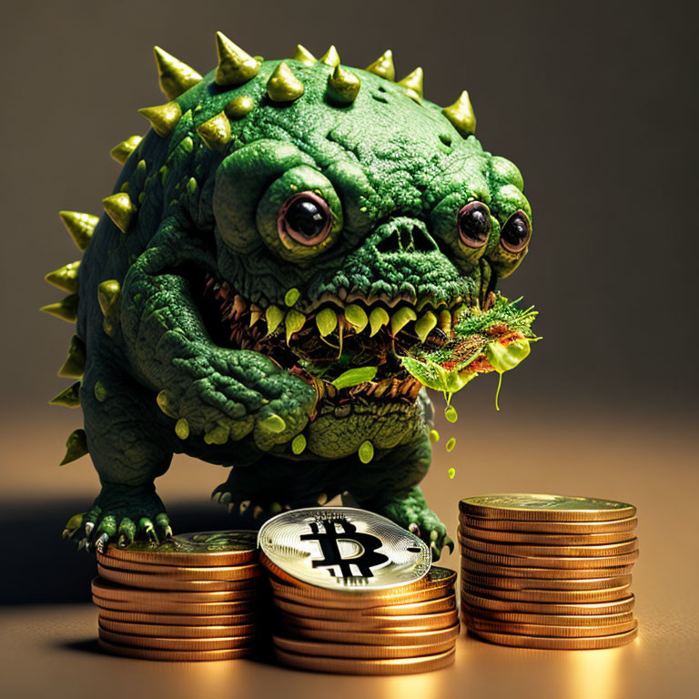 Green Spiky Dragon Toy Eating Bitcoin Beside Gold Coins