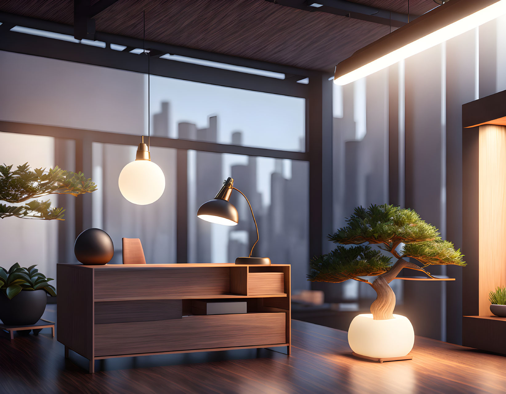 Contemporary office setup with wooden desk, bonsai tree, and cityscape backdrop