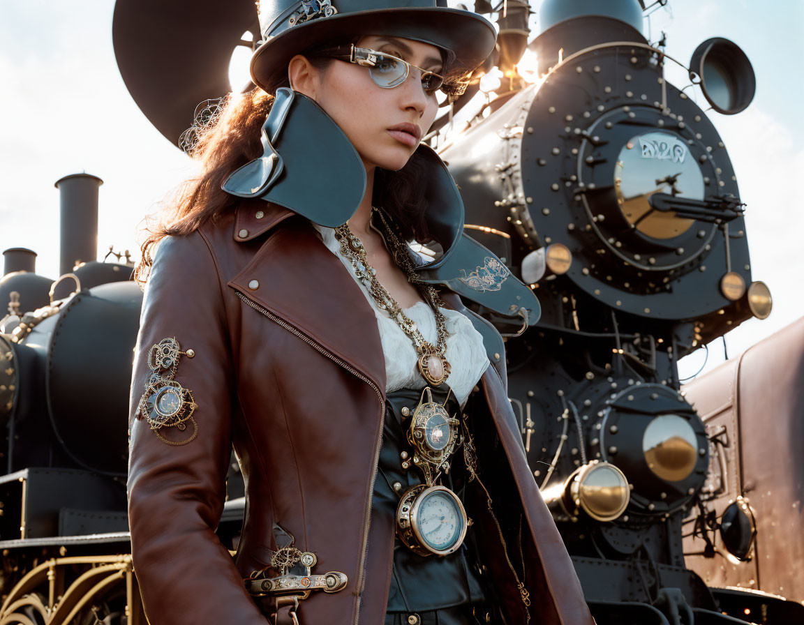 Steampunk-themed woman in leather jacket and hat next to locomotive