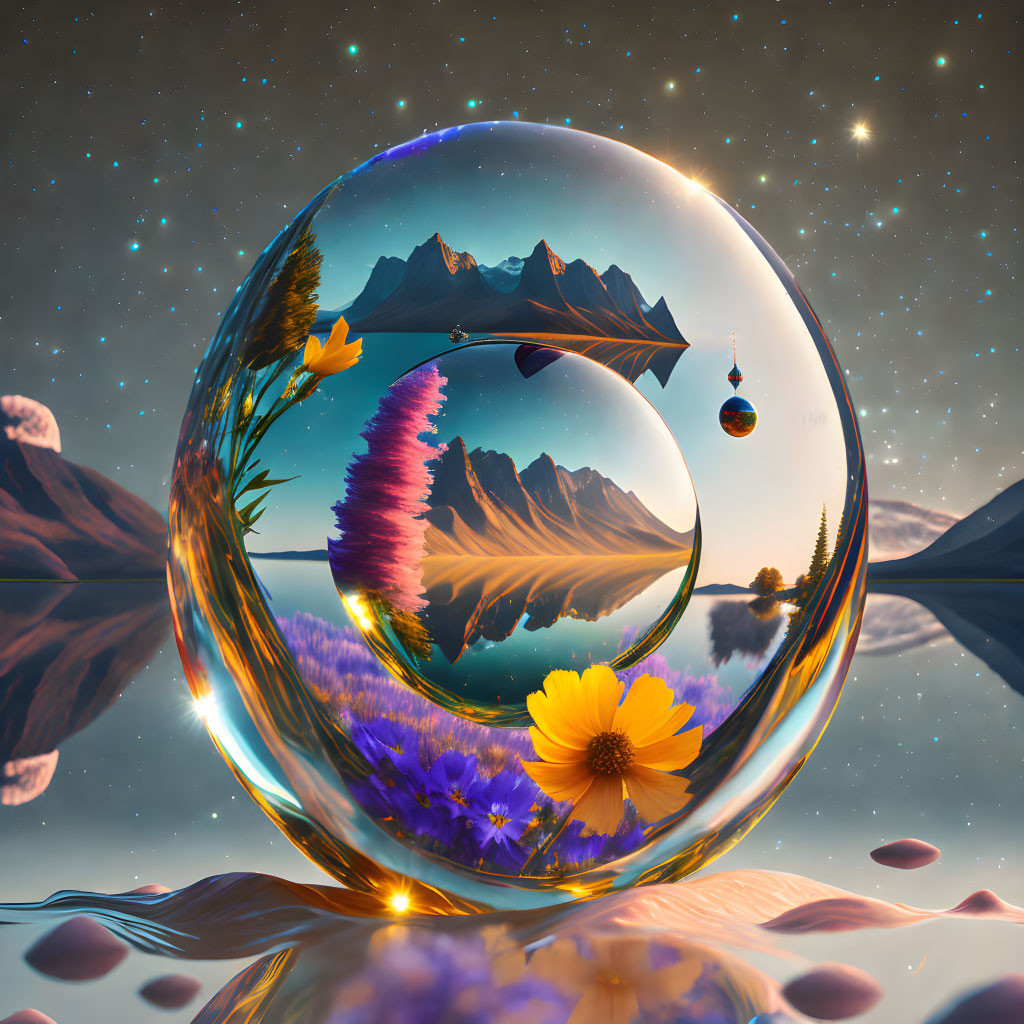 Surreal landscape with reflective sphere, mountains, dragon, and flowers under twilight sky.