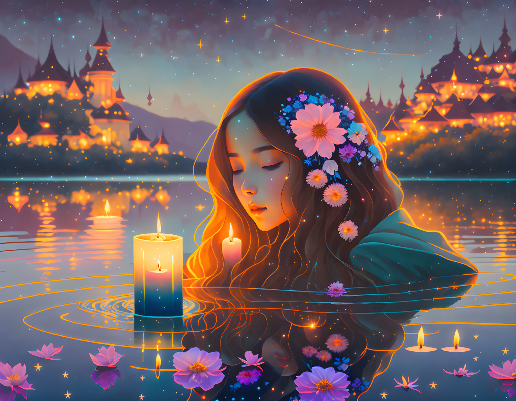 Serene woman with flowers and candle in twilight setting