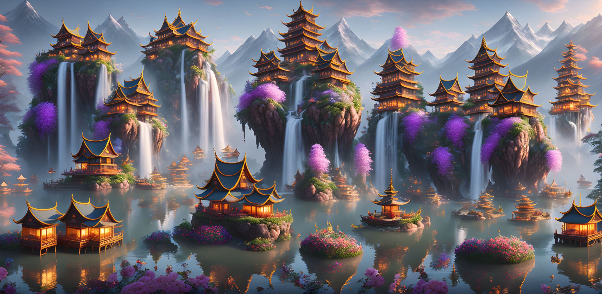 Fantastical landscape with pagodas, waterfalls, and mountains