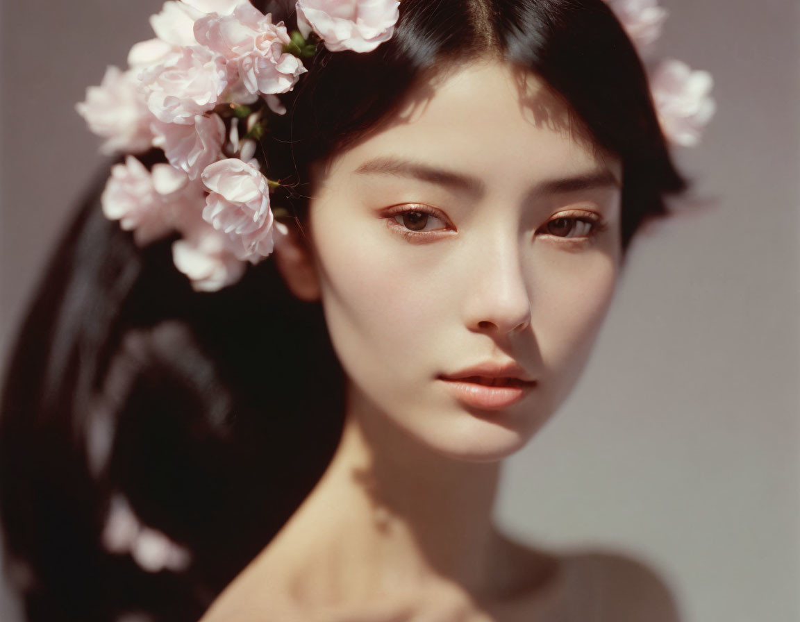 Serene woman portrait with pink blossoms in hair and blurred background