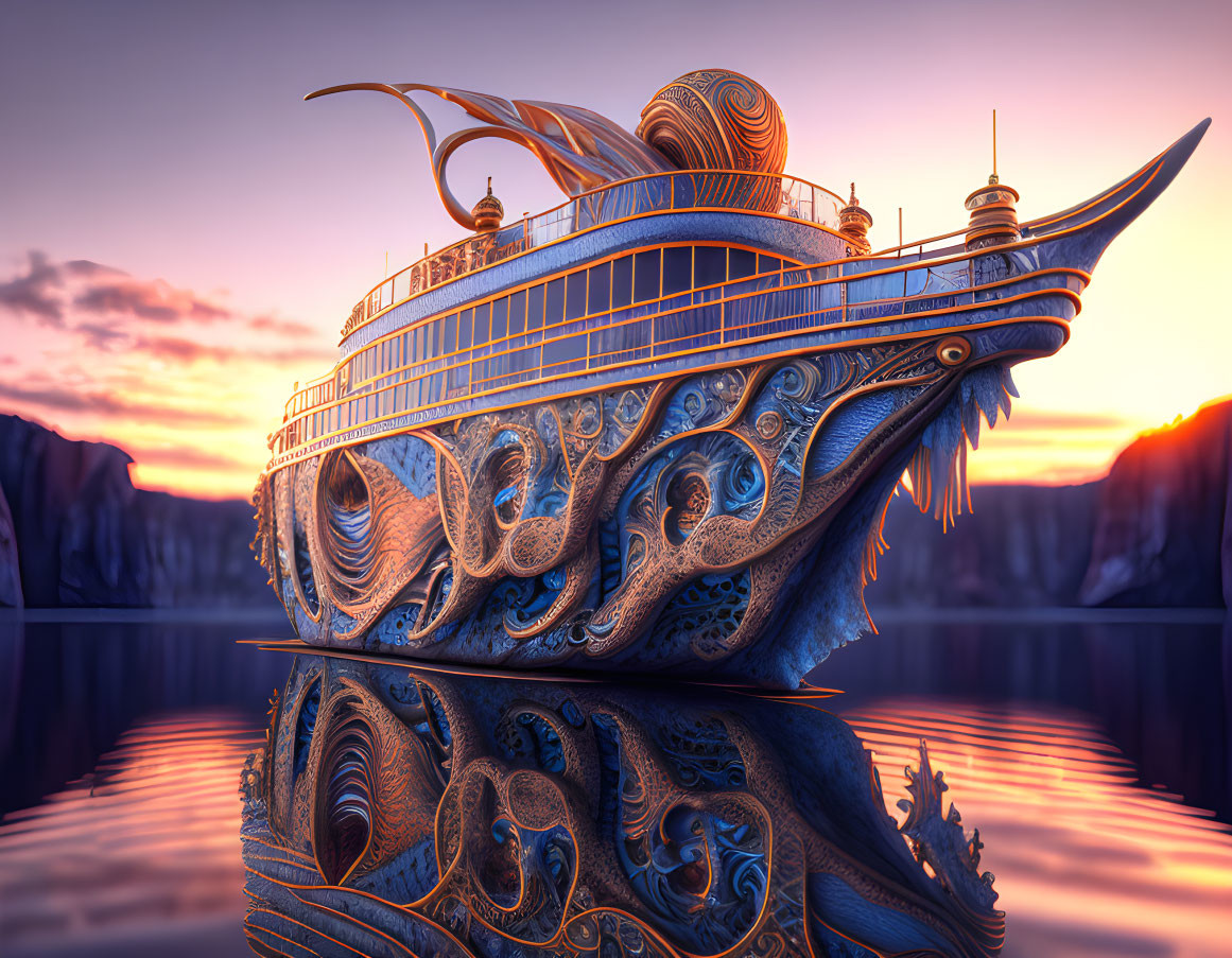 Intricate fish-shaped ship on calm waters at sunset