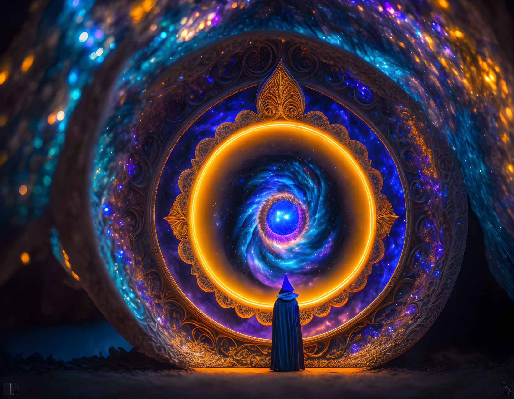 Mystical figure in cloak at vibrant cosmic portal