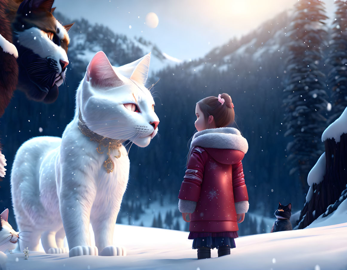 Young girl in red coat meets giant cats in snowy enchanted forest