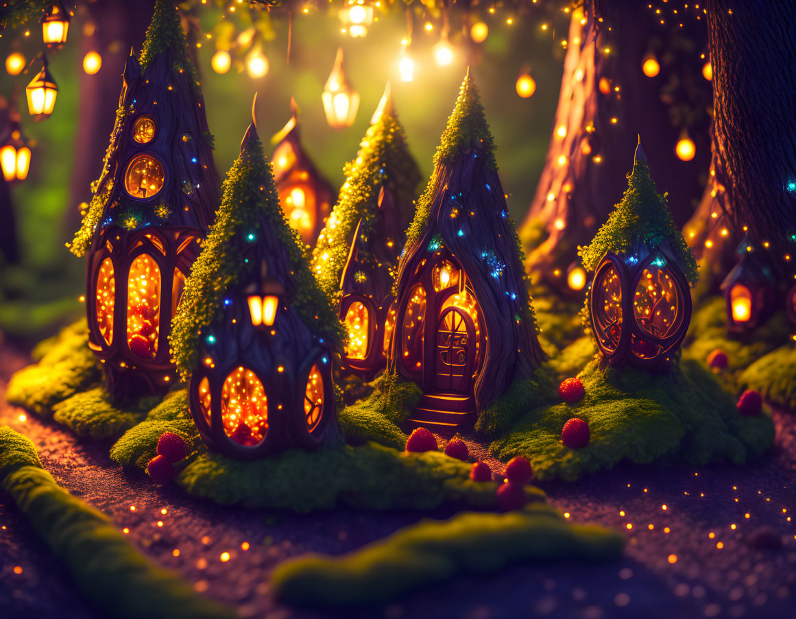 Miniature fairy village in mossy forest with glowing windows