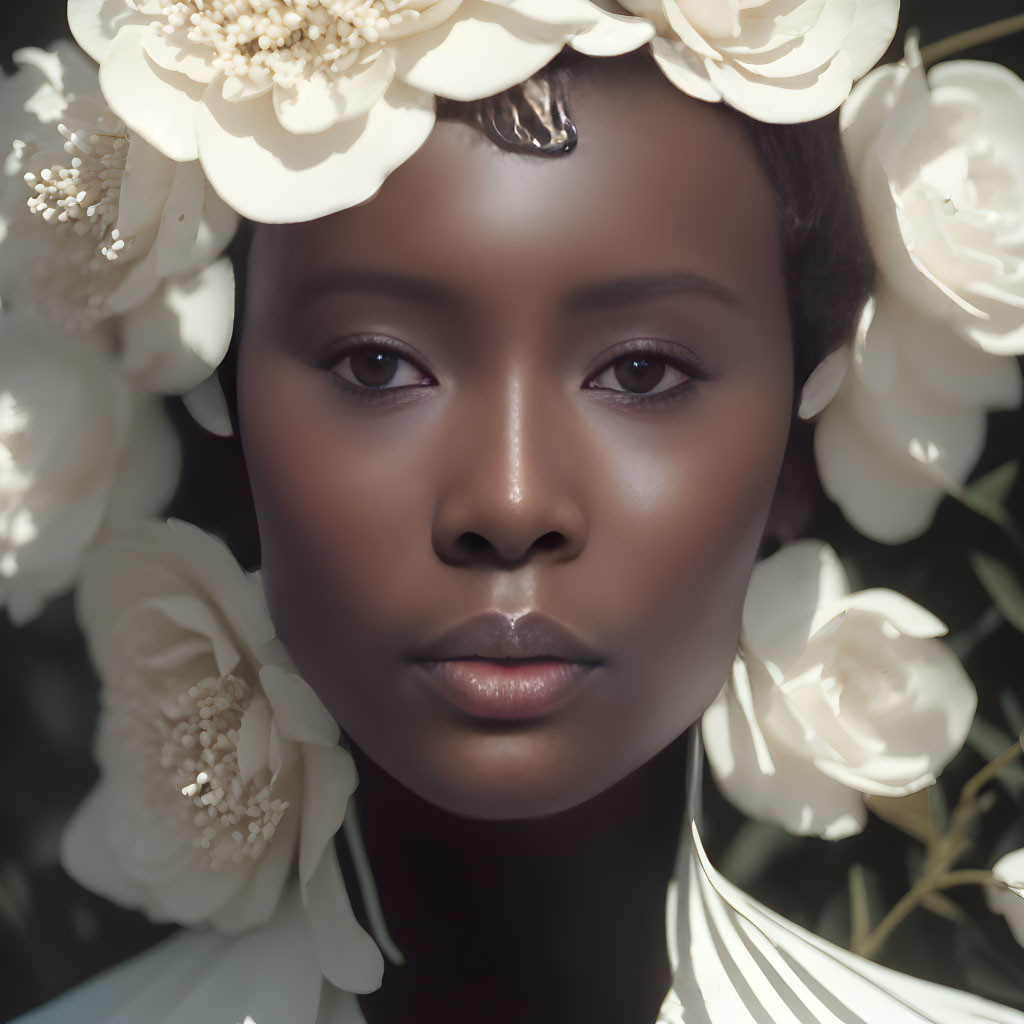 Portrait of a Woman with Dark Eyes and Floral Headpiece surrounded by White Flowers