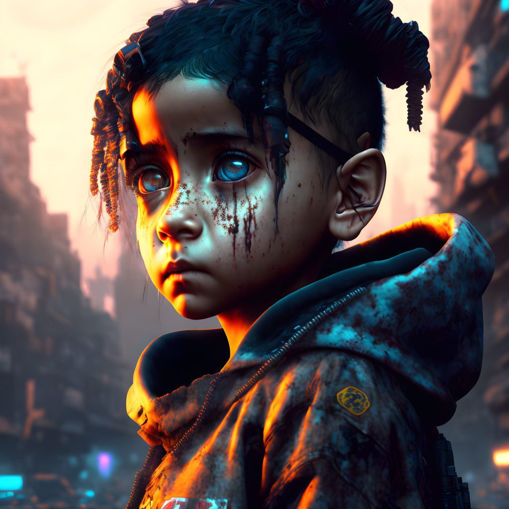 Child with Blue Eyes and Dirty Face in Dystopian Setting