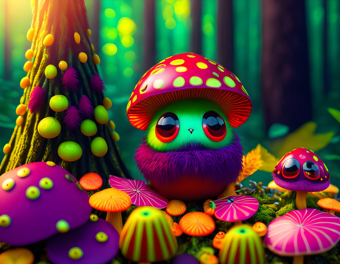 Colorful Cartoon Creature in Enchanted Forest with Mushrooms