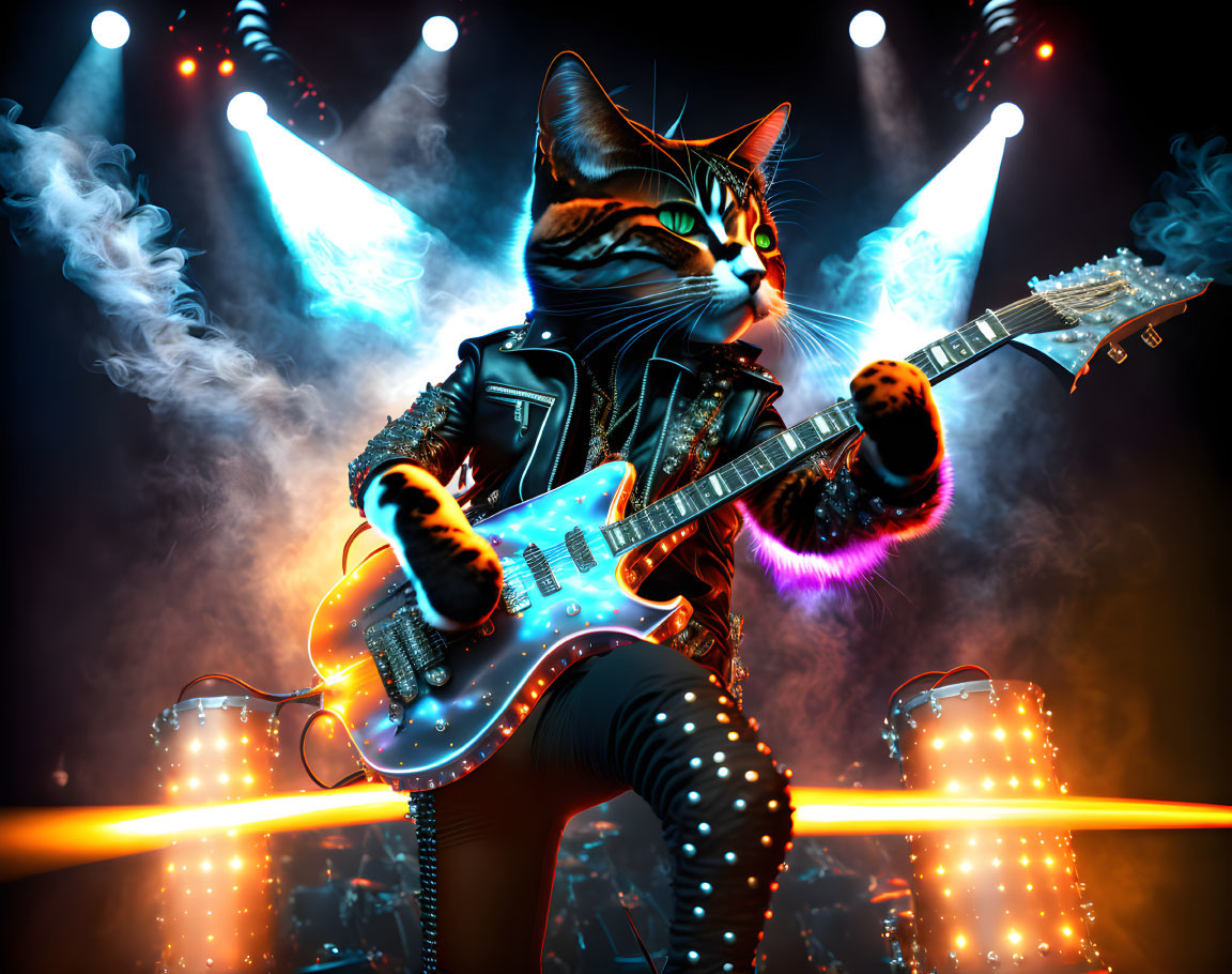 Anthropomorphic Cat Plays Electric Guitar on Stage with Dynamic Lighting