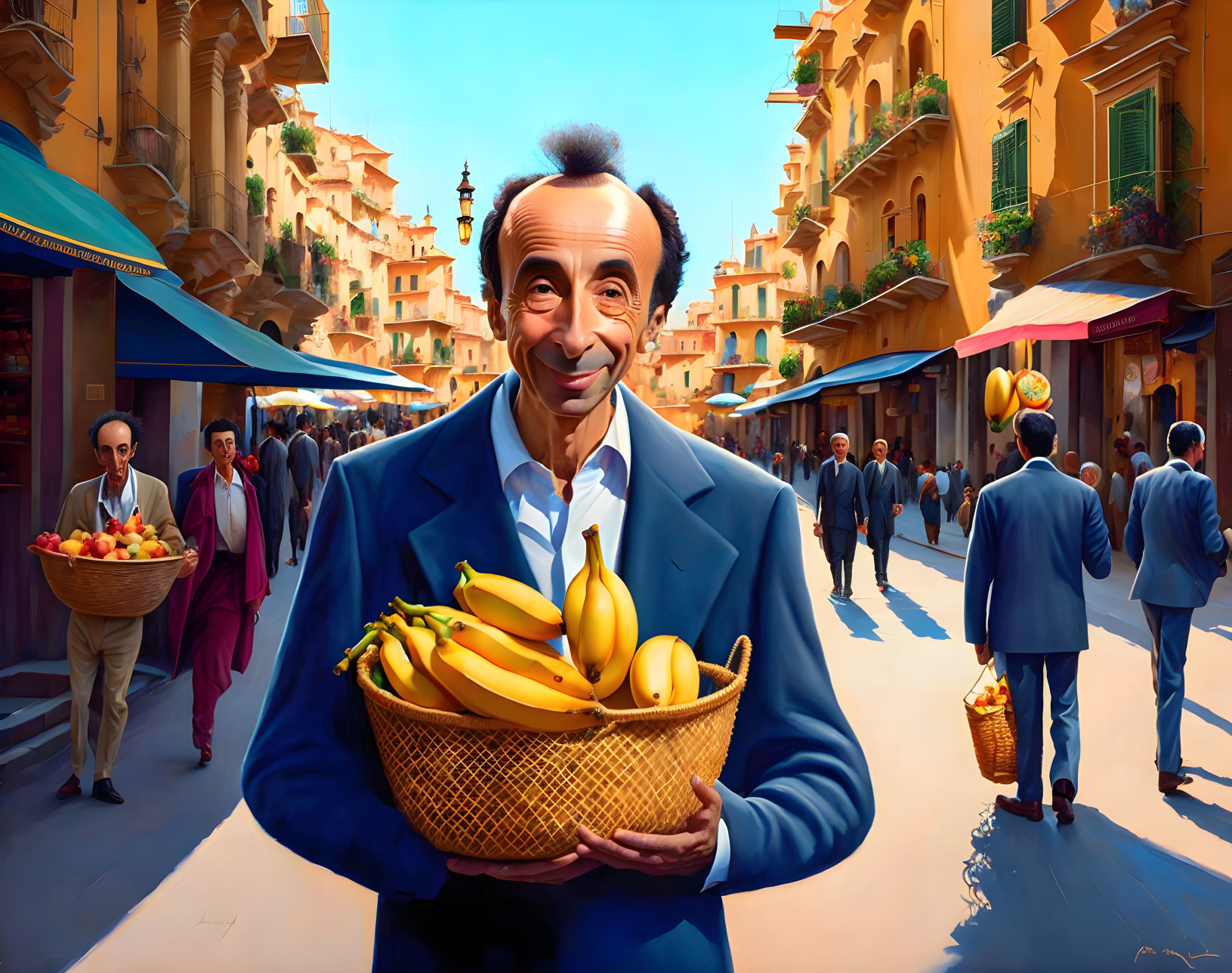 Man holding basket of bananas in busy street scene