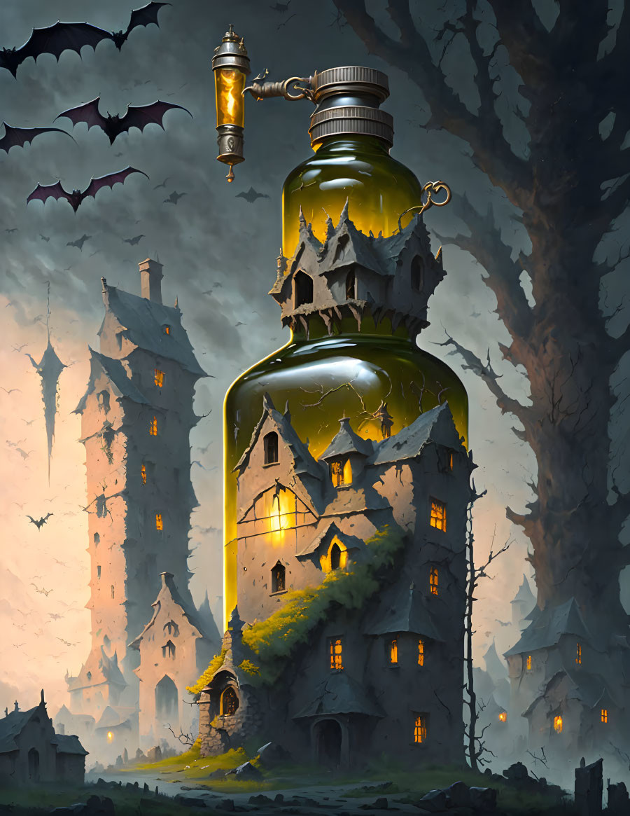 Fantastical illustration of towering potion bottle-shaped building with glowing windows and bats under twilight sky