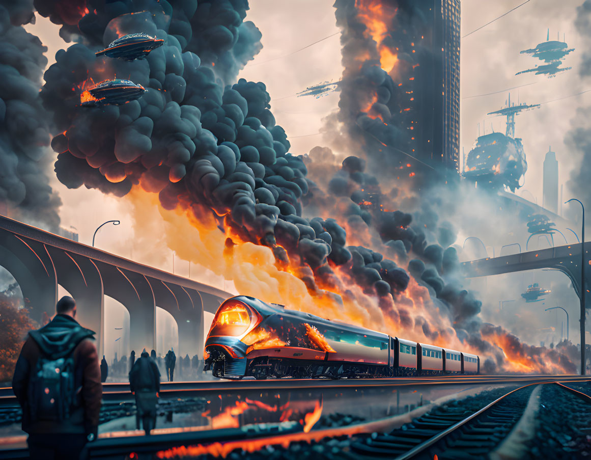 Dystopian scene with burning wreckage, futuristic train, and ominous spaceships in apocalyptic atmosphere