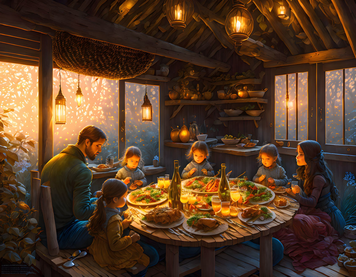 Family Meal in Cozy Wooden Cabin with Snowy Landscape