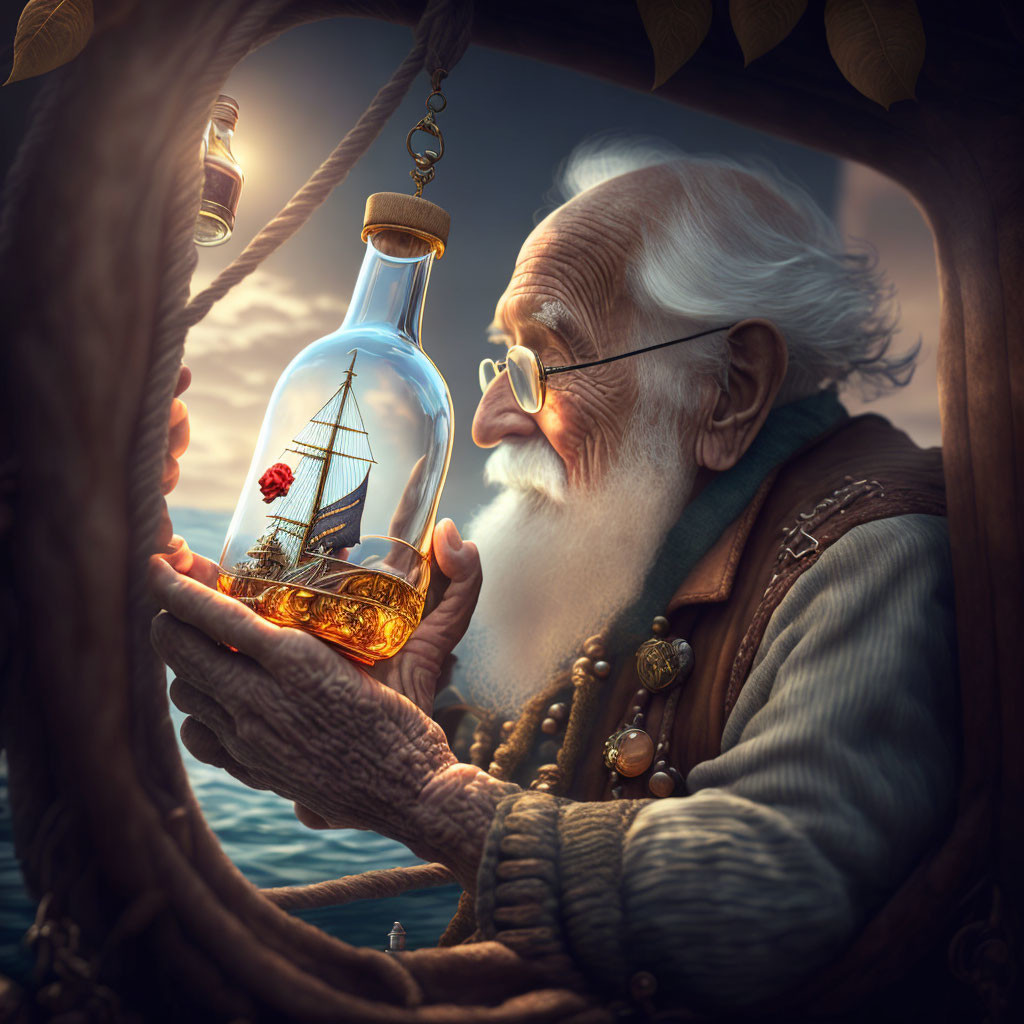 Elderly man with glasses and beard admires ship in a bottle through ship's window at dusk