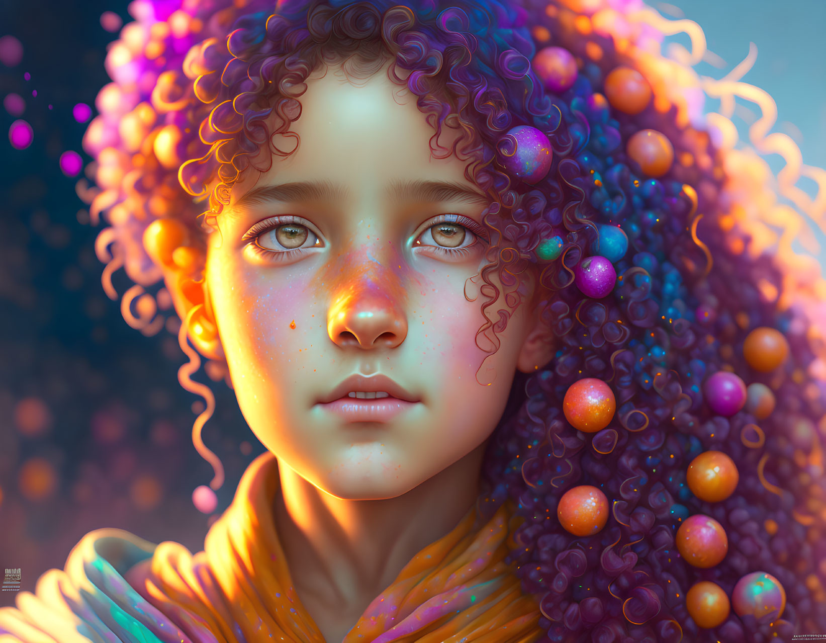 Vivid digital portrait of a young person with curly hair in dreamy gaze.