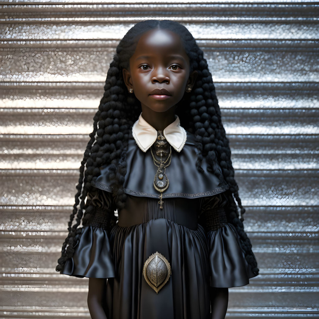 Young girl with braided hair in black dress and pendant on metallic background