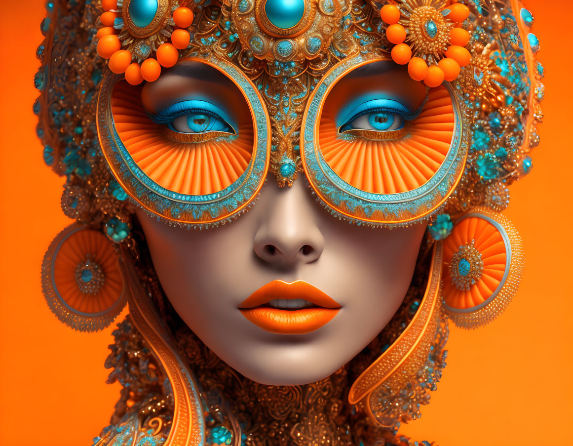 Colorful Close-Up of Person in Elaborate Orange and Blue Headpiece