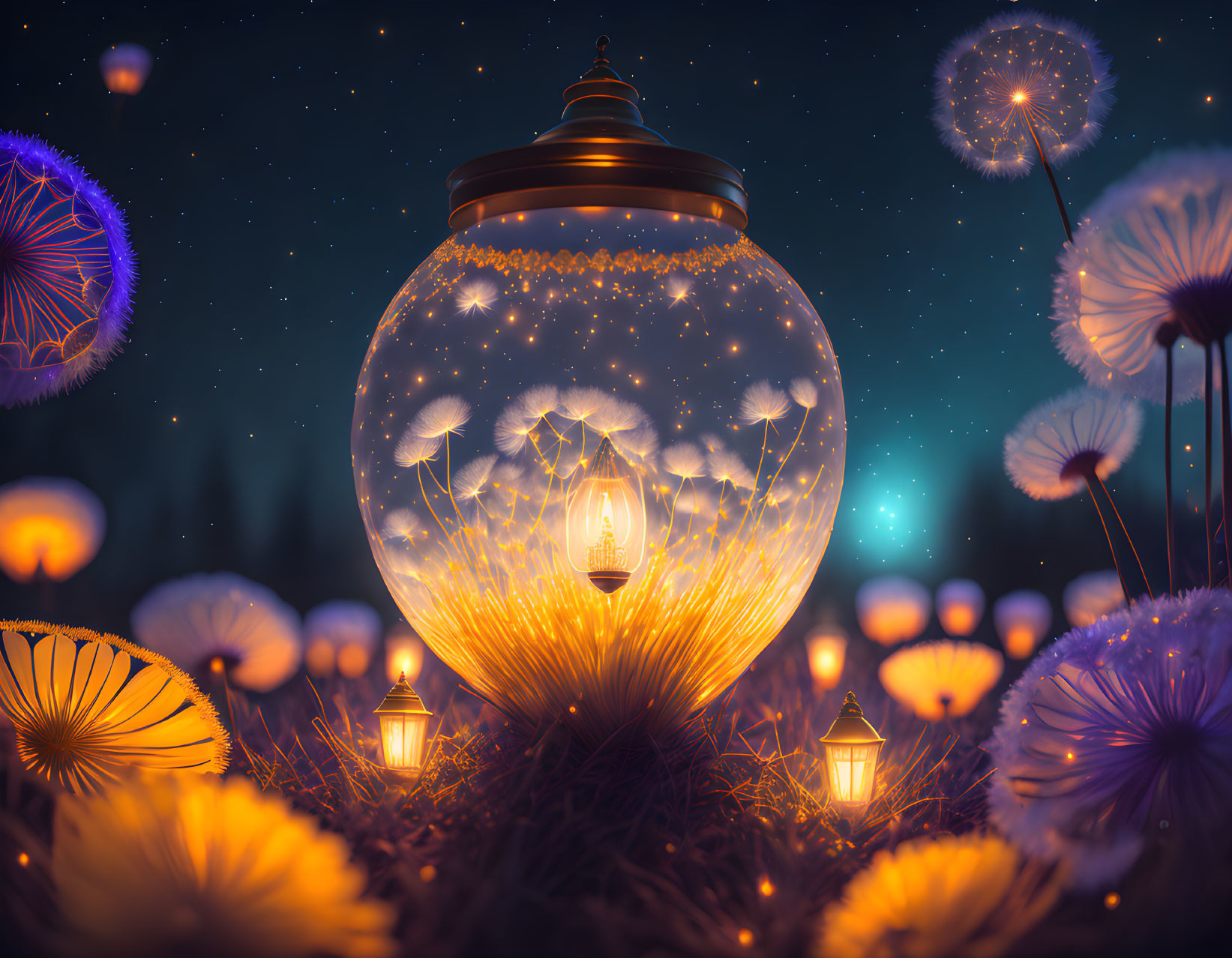 Enchanting dandelion seeds and lanterns under starry night sky