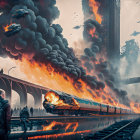 Dystopian scene with burning wreckage, futuristic train, and ominous spaceships in apocalyptic atmosphere