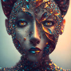 Fantastical figure with gemstone-encrusted skin and vibrant blue eyes