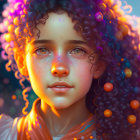 Vivid digital portrait of a young person with curly hair in dreamy gaze.