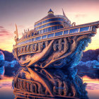 Intricate fish-shaped ship on calm waters at sunset