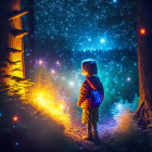 Child in forest at night with lantern, mesmerized by glowing blue lights among trees