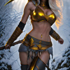 Fantasy warrior woman in golden armor with staff and mystical creature in snowy forest