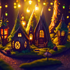 Miniature fairy village in mossy forest with glowing windows