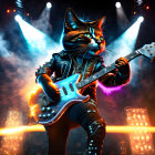 Anthropomorphic Cat Plays Electric Guitar on Stage with Dynamic Lighting