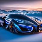 Sleek futuristic car with glowing blue accents on icy surface