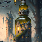 Fantastical illustration of towering potion bottle-shaped building with glowing windows and bats under twilight sky