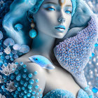 Blue-hued image of a woman with oceanic features and aquatic life, coral, fish, intricate