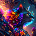 Colorful surreal cat with unicorn horn and golden accents on vibrant backdrop