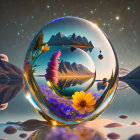 Surreal landscape with reflective sphere, mountains, dragon, and flowers under twilight sky.