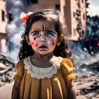 Distressed young girl in yellow dress by burning building