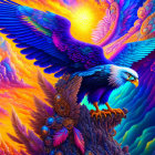 Colorful digital artwork: Majestic eagle soaring amidst psychedelic clouds and radiant sun