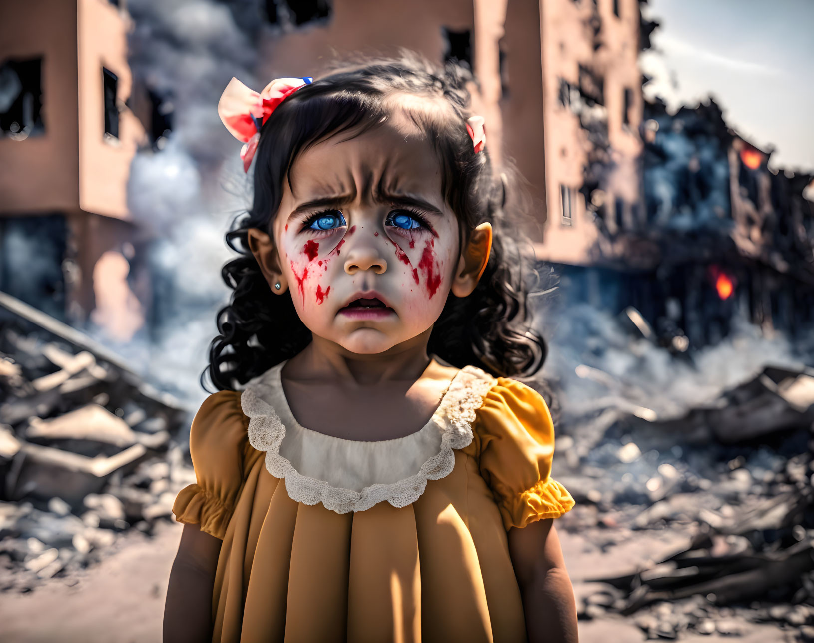 Distressed young girl in yellow dress by burning building