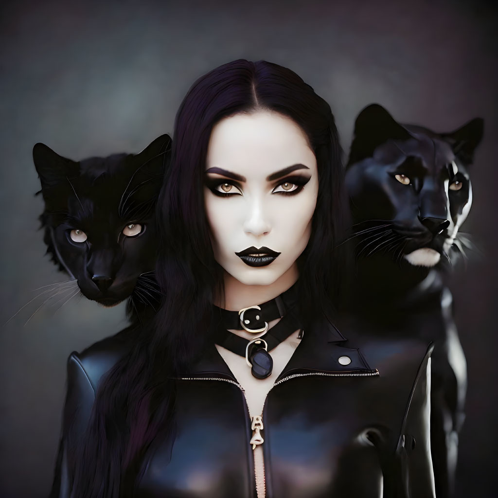 Woman with dark makeup and purple hair with two black panthers on blurred background