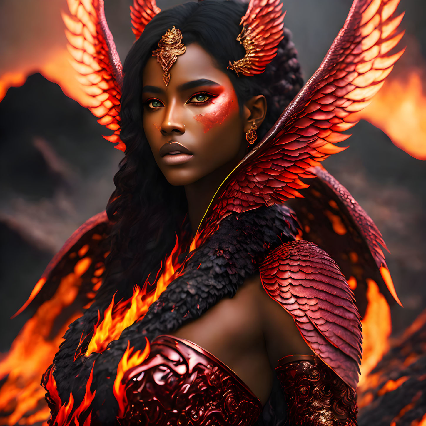 Fiery-winged fantasy figure in red and gold armor against smoldering backdrop