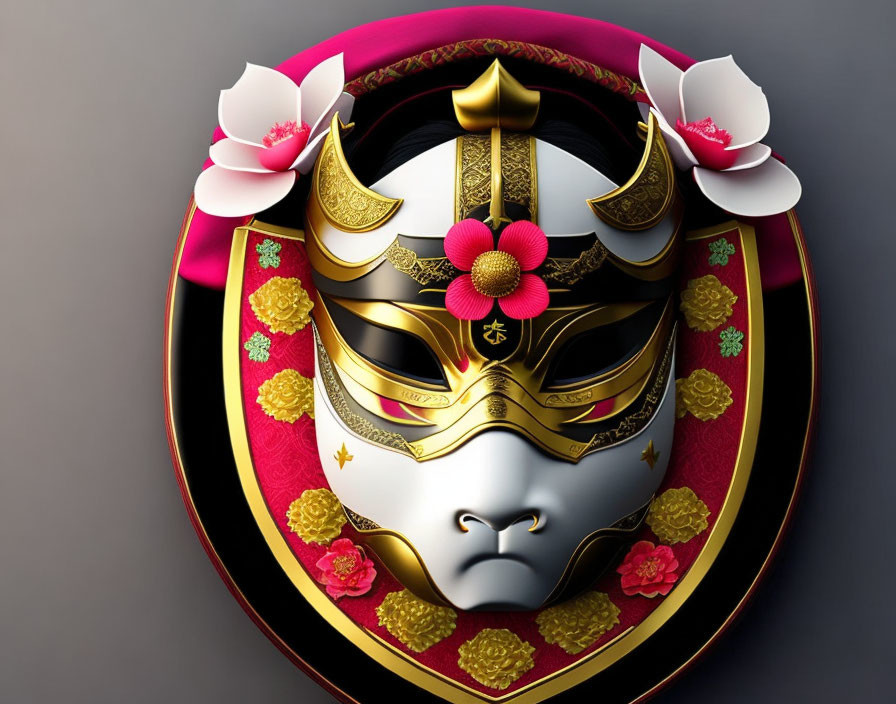 Ornate Gold Mask Digital Illustration with Magnolia Flowers