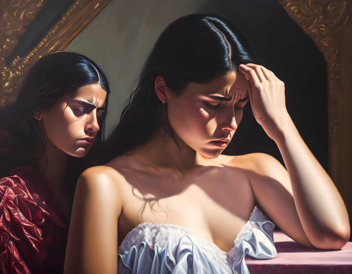 Woman in white dress gazes at mirror with troubled expression