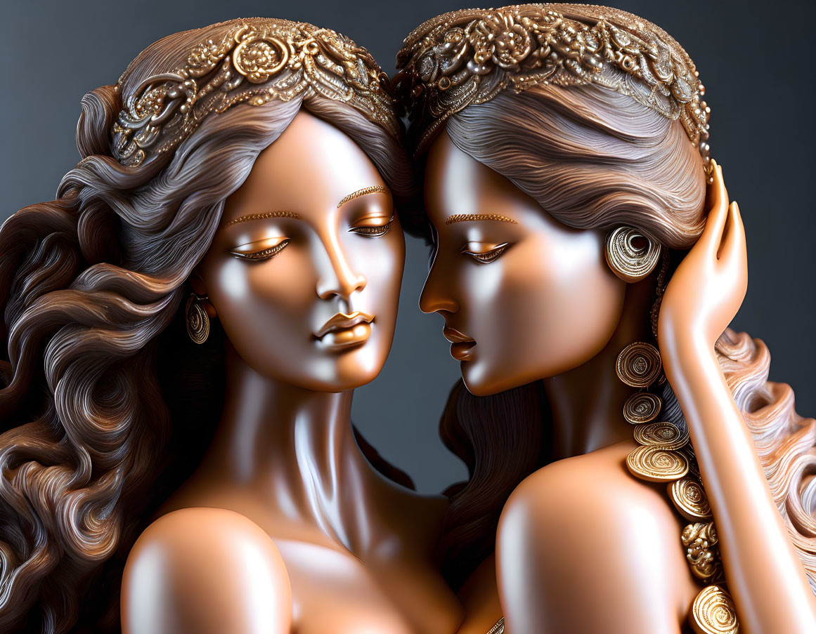 Golden female sculptures with elaborate hairstyles and headpieces touching foreheads on grey background