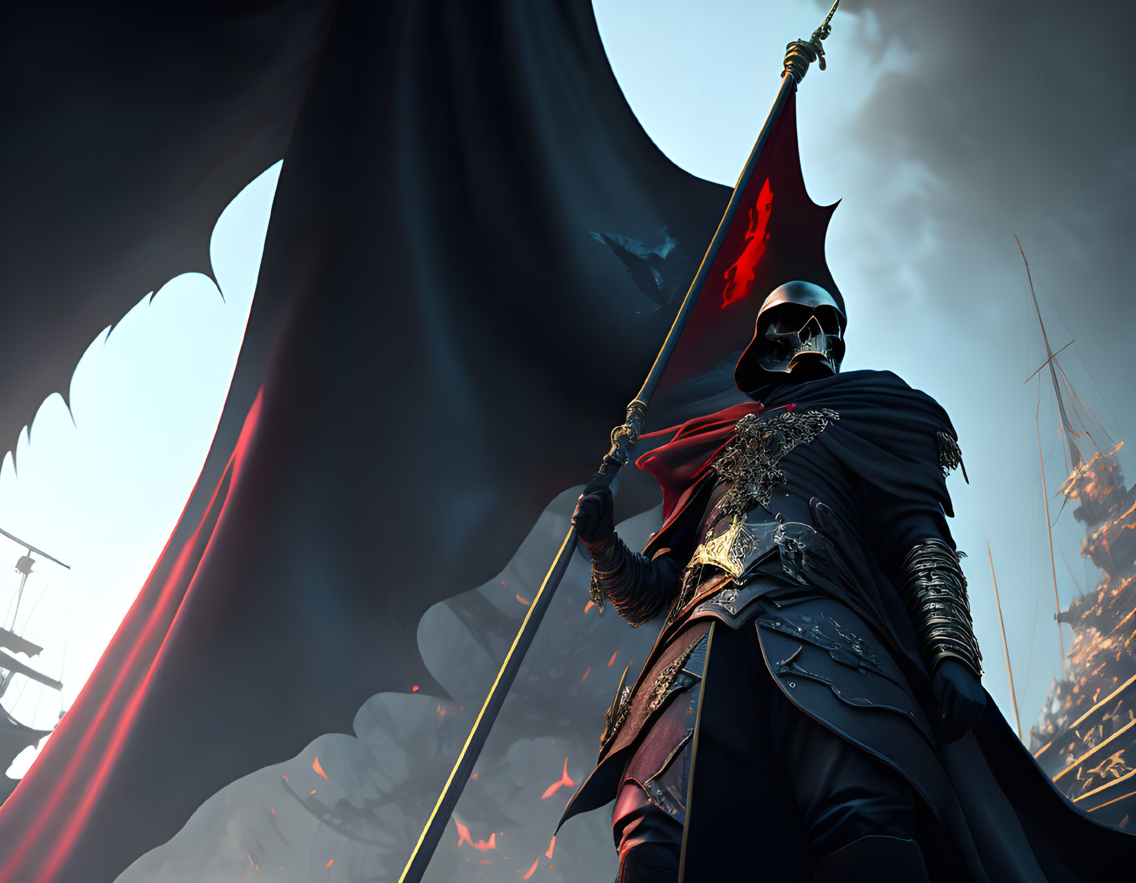 Dark armored figure with flag and menacing dragon wing in dramatic sky