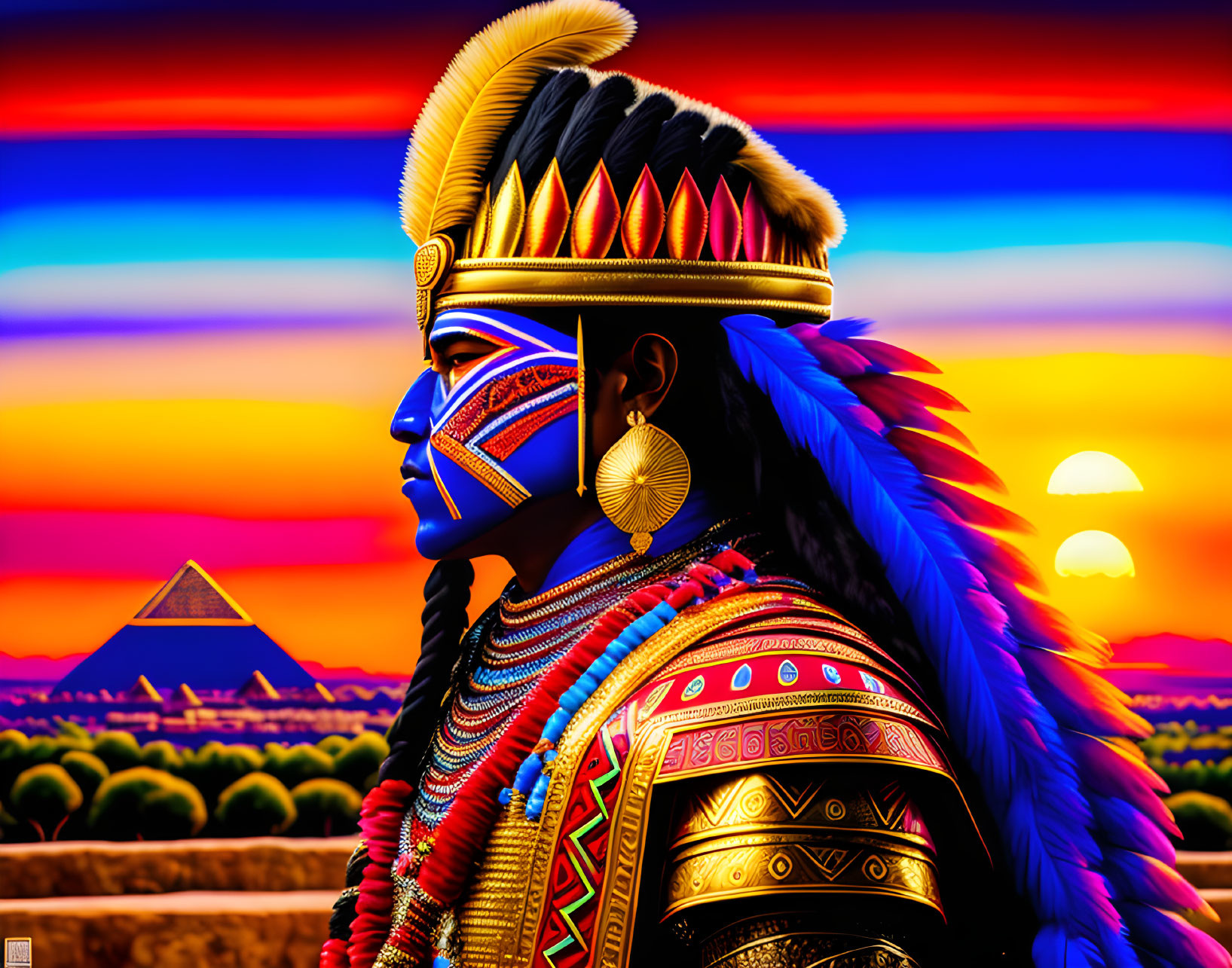 Colorful digital art featuring person in Egyptian headdress with sunset, pyramids, and dual sunscape