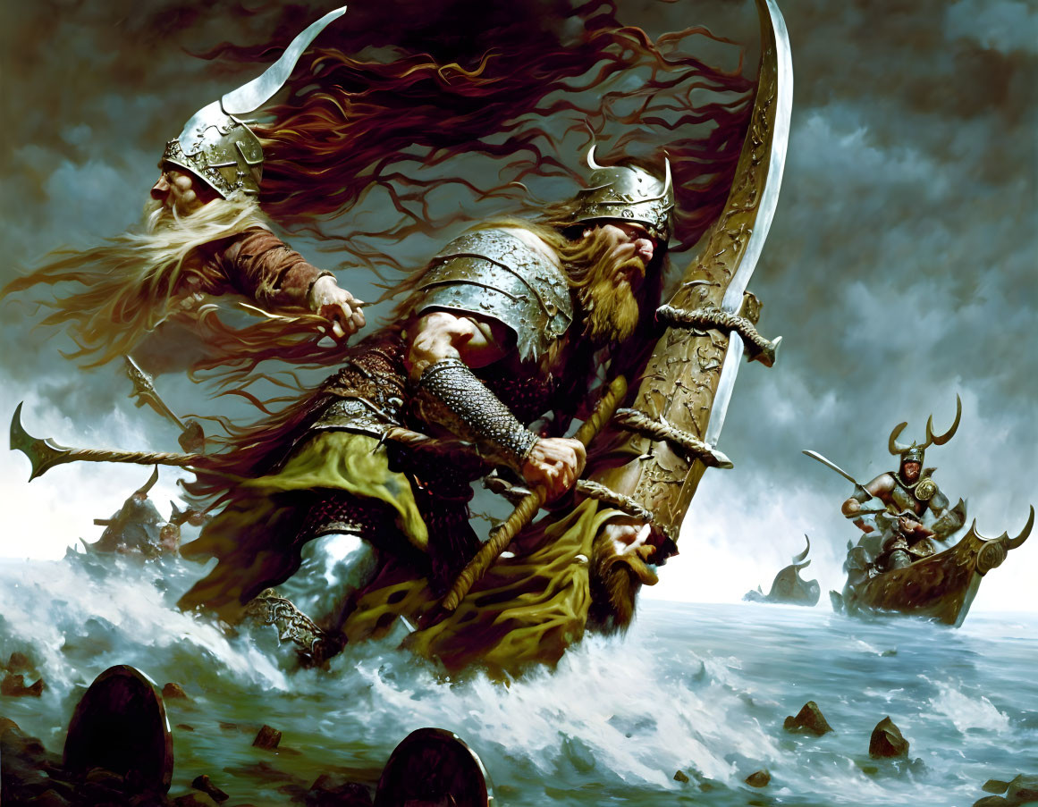 Viking warriors in battle led by fierce leader with flaming sword