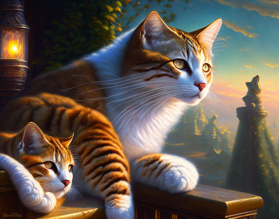 Two cats by a window in fantasy sunset scene